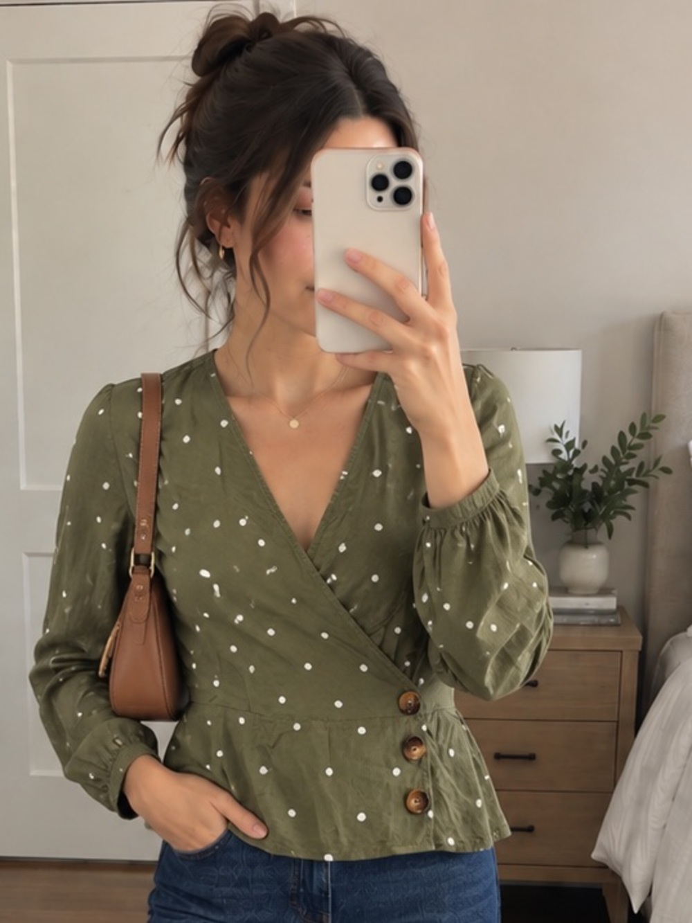 Abercrombie Olive Polka Dot Wrap Blouse Small like new